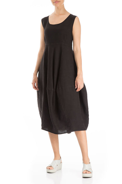Sleeveless Balloon Black Linen Dress 4