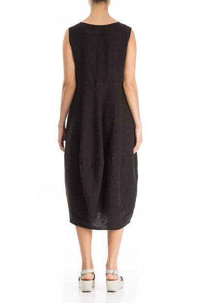 Sleeveless Balloon Black Linen Dress 2