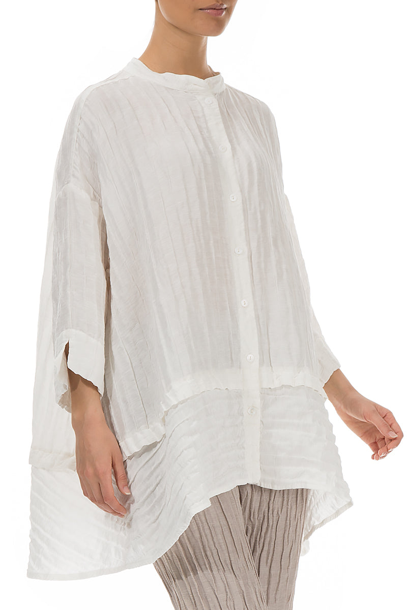Flared Crinkled Off White Silk Linen Shirt 4