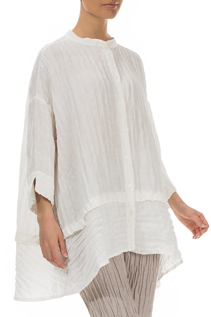 Flared Crinkled Off White Silk Linen Shirt 4