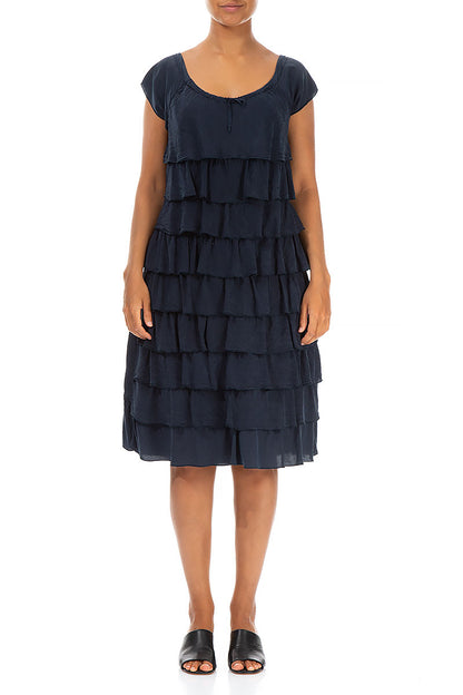 Frilled Navy Silk Bamboo Dress 1