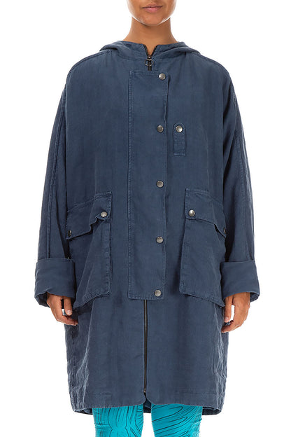 Hooded Back Pocket Denim Blue Linen Jacket 1
