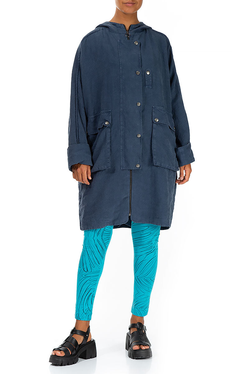 Hooded Back Pocket Denim Blue Linen Jacket 4