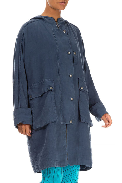 Hooded Back Pocket Denim Blue Linen Jacket 3