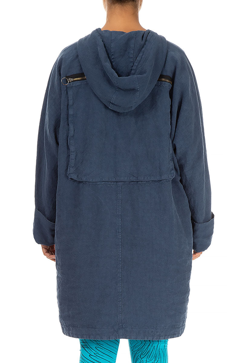 Hooded Back Pocket Denim Blue Linen Jacket 2