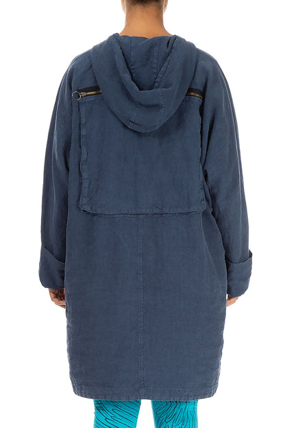 Hooded Back Pocket Denim Blue Linen Jacket 2