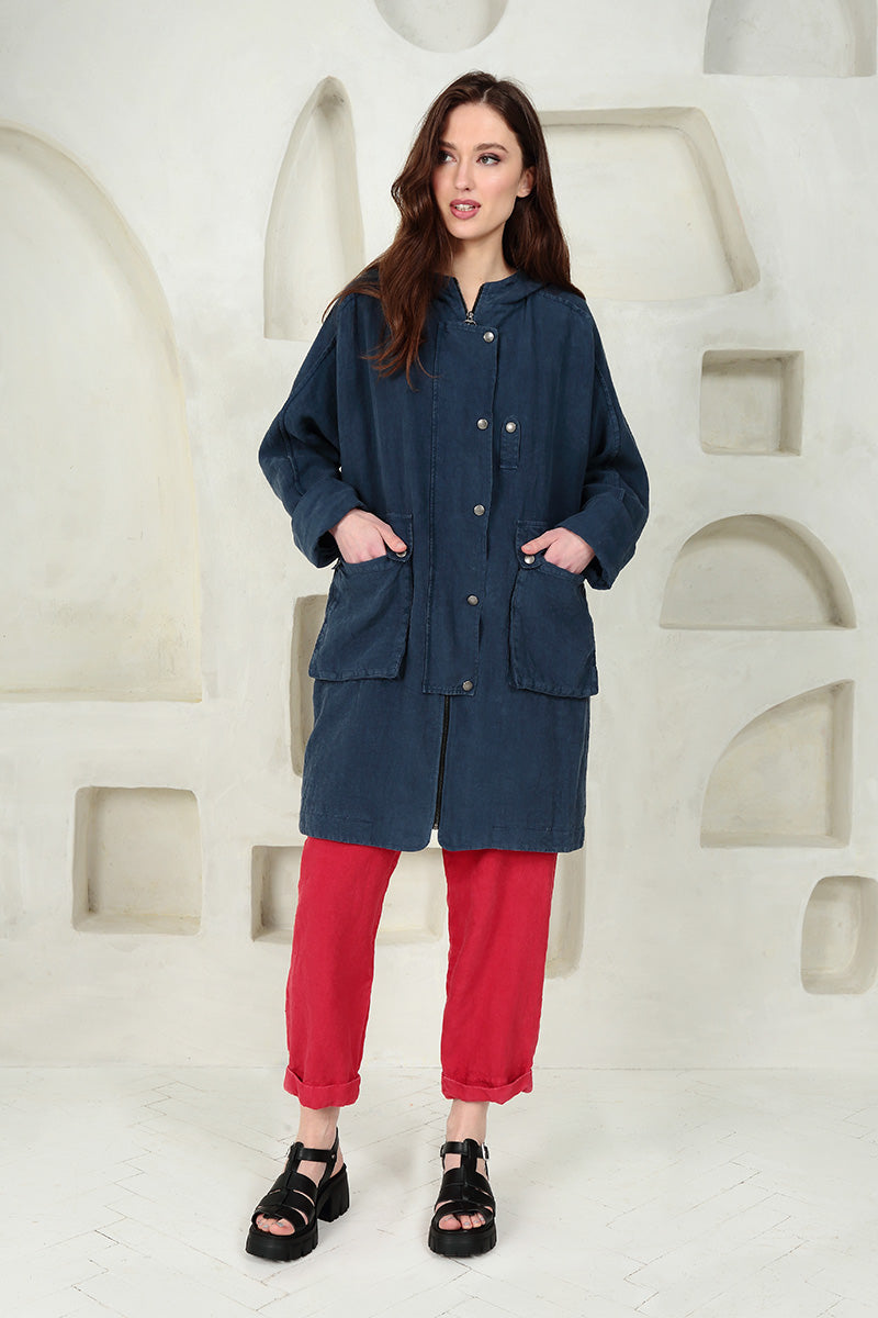 Hooded Back Pocket Denim Blue Linen Jacket 6